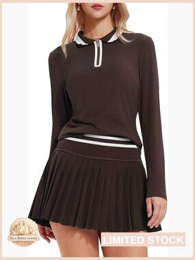 Pleated Tennis Skirt Set High Waisted Zipper Polo Two Piece Athleisure Outfit
